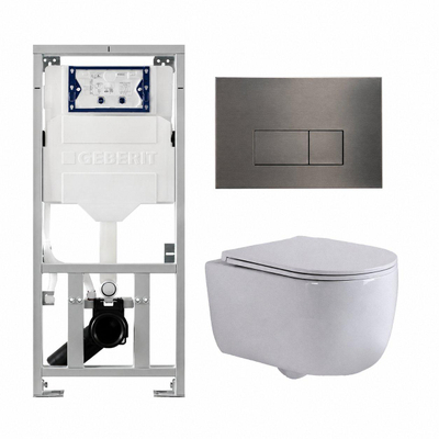 QeramiQ Dely Swirl Ensemble WC- 36,3x51,7 cm - fond creux - sans bride - réservoir encastré Geberit UP320 - abattant fin - plaque de commande en gunmetal - boutons rectangulaires - blanc mat