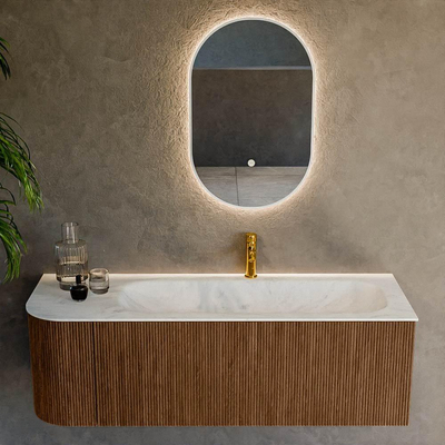 MONDIAZ KURVE-DLUX 135cm Meuble salle de bain avec module 25 G - couleur Walnut - 1 tiroir - 1 porte - vasque BIG MEDIUM droite - 1 trou de robinet - couleur Opalo