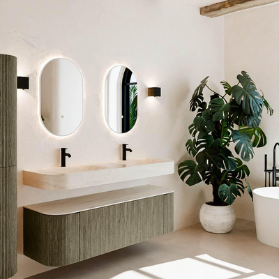 MONDIAZ THOR-DLUX 150cm meuble de salle de bains arrondi gauche + droite couleur Shadow avec 1 tiroir et 2 portes. Vasque suspendue CLOUD Double 2 trous de robinet couleur Meli.