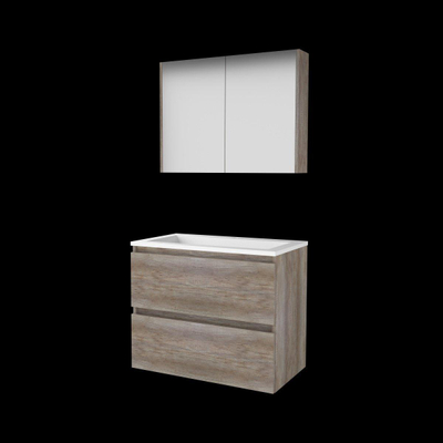Basic-Line Comfort 46 ensemble de meubles de salle de bain 80x46cm sans poignée 2 tiroirs lavabo acrylique 1 trou de robinetterie armoire de toilette mfc scotch oak