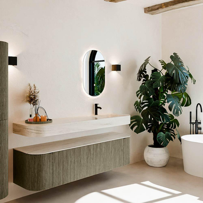 MONDIAZ THOR-DLUX 170cm meuble de salle de bains arrondi gauche + droite couleur Shadow avec 1 tiroir et 2 portes. Vasque suspendue CLOUD Droite 1 trou de robinet couleur Meli.