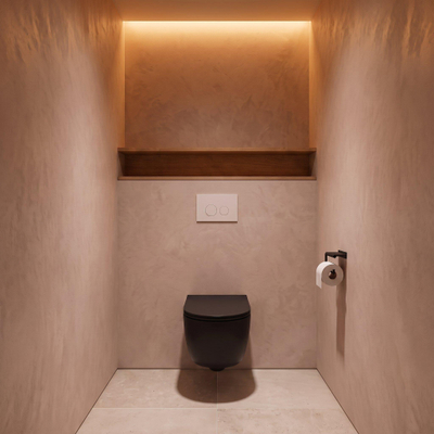 QeramiQ Dely Swirl Toiletset - 36.3x51.7cm - Geberit UP320 inbouwreservoir - met Burda frame - slim zitting - mat witte metalen bedieningsplaat - ronde knoppen - mat zwart