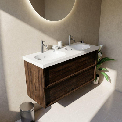 Saniclass Holz Frame Ensemble meuble de salle de bains - 120x45x63.5cm - lavabo en céramique Palermo blanc - 2 vasques - 2 trous de robinetterie - 2 tiroirs - chêne charcoal mat (bois)