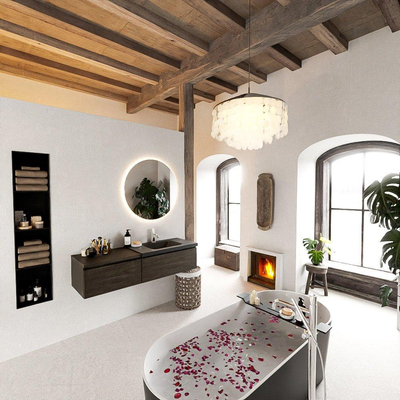 MONDIAZ BUKLA 140cm meuble de salle de bains avec module 60 couleur Dark Brown avec 2 tiroirs. Lavabo CLOUD à droite 1 trou de robinet couleur Urban.