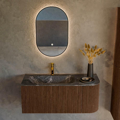 MONDIAZ KURVE-DLUX 105cm badmeubel met module 25 R kleur Walnut met 1 lade en 1 deur. Wastafel BIG SMALL links 1 kraangat kleur Lava.