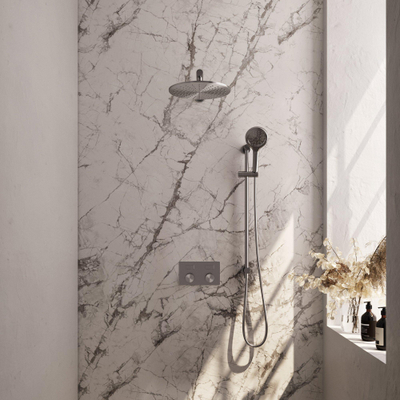 BRAUER Brushed Edition Douche de pluie thermostatique encastrée - boutons-poussoirs - SET 68 - douche de tête 30 cm - bras mural droit - douchette 3 jets - flexible de douche - barre de douche intégrée - inox brossé PVD