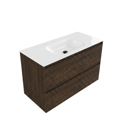 Saniclass Holz Atelier Ensemble meuble de salle de bains - 100x45x61.5cm - lavabo Flow en solid surface blanc - 1 vasque - sans trou de robinet - 2 tiroirs - chêne charcoal mat (bois)