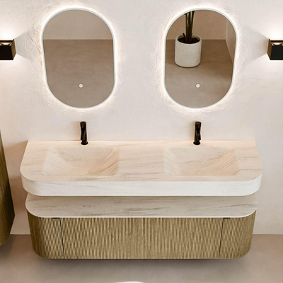 MONDIAZ THOR-DLUX 160cm meuble de salle de bains arrondi gauche + droite couleur Dusk avec 1 tiroir et 2 portes. Vasque suspendue CLOUD Double 2 trous de robinet couleur Meli.