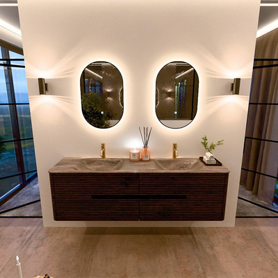 Mondiaz CIRO-DLUX Badkamermeubelset - 170x45x50cm - Solid surface wastafel Oza - 2 wasbak Dubbel - 2 kraangaten - 4 lades - Walnut