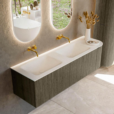 Mondiaz KURVE Ensemble de meubles de salle de bains - 155x46x40cm - 2 tiroirs - 1 porte - vasque solid surface - double / gauche - sans trou de robinet - Shadow