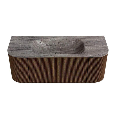 MONDIAZ KURVE-DLUX 120cm badmeubel ronding Links + Rechts kleur Walnut met 1 lade en 2 deuren. Wastafel BIG SMALL Midden 1 kraangat Oza.