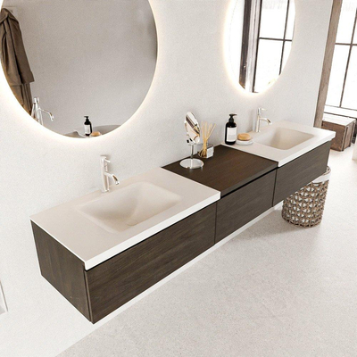 MONDIAZ BUKLA 220cm badmeubel met module 60 kleur Dark Brown met 3 lades. Wastafel CLOUD dubbel 2 kraangaten kleur Talc.