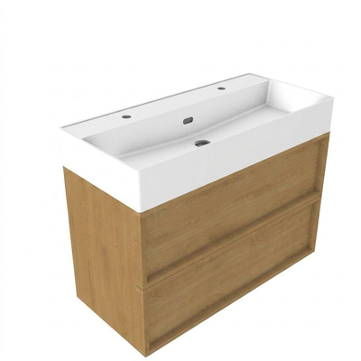 Saniclass Holz Frame Ensemble meuble de salle de bains - 100x45x72cm - vasque Legend en céramique blanc mat - 1 vasque - 2 trous de robinetterie - 2 tiroirs - chêne natural mat (bois)