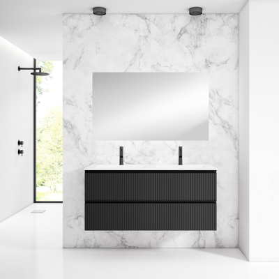 Saniclass Prime Blend Meuble de salle de bain - 120x55x46cm - 2 vasques rectangulaires en céramique blanc - 2 trous de robinet - 2 tiroirs - miroir rectangulaire - noir mat