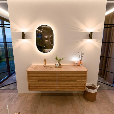 Mondiaz CIRO-DLUX Ensemble de meubles de salle de bains - 140x45x50cm - Plan vasque solid surface Arena - 1 bassin à gauche - 1 trou de robinet - 4 tiroirs - Chêne