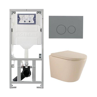 QeramiQ Dely Swirl Ensemble WC - 36.3x51.7cm - réservoir encastré Geberit UP320 - avec châssis Burda - abattant 35mm - plaque de commande gris clair - boutons ronds - beige