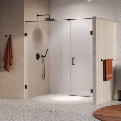 BRAUER Void Nisdeur - 2-delig - 190x200cm - 70cm draaideur aan muur - glascoating - omkeerbaar - helder glas - geborsteld gunmetal PVD