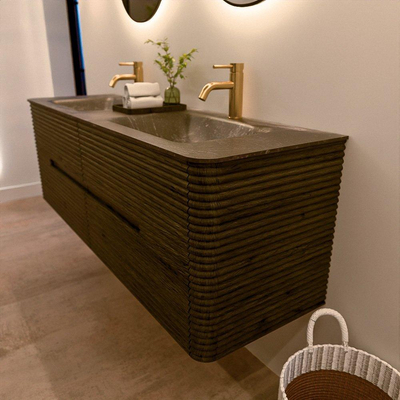 Mondiaz CIRO-DLUX Badkamermeubelset - 150x45x50cm - Solid surface wastafel Lava - 2 wasbak Dubbel - 2 kraangaten - 4 lades - Shadow