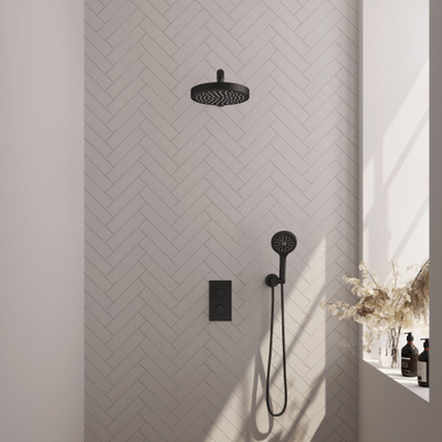 BRAUER Stripe Douche de tête thermostatique encastrée - 3 voies - rectangulaire - SET 16 - pomme de douche 25cm - bras mural droit - douchette 3 jets - flexible de douche - coude mural - noir mat