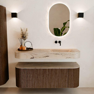 MONDIAZ THOR-DLUX 130cm badmeubel ronding links + rechts kleur Walnut met 1 lade en 2 deuren. Vrijhangende wastafel CLOUD Rechts zonder kraangat kleur Arena.