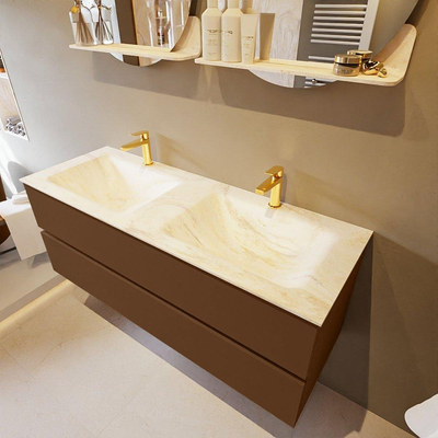 Mondiaz VICA-DLUX Ensemble de meuble de salle de bain - 130cm - meuble sous-vasque repos - 2 tiroirs - lavabo encastrée cloud double - 2 trous de robinet - version haute de 60cm - ostra