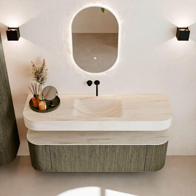 MONDIAZ THOR-DLUX 150cm meuble de salle de bains arrondi gauche + droite couleur Shadow avec 1 tiroir et 2 portes. Vasque suspendue CLOUD Milieu sans trou de robinet couleur Meli.