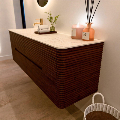 Mondiaz CIRO-DLUX Badkamermeubelset - 150x45x50cm - Solid surface wastafel Ostra - 1 wasbak Links - 1 kraangat - 4 lades - Ruby