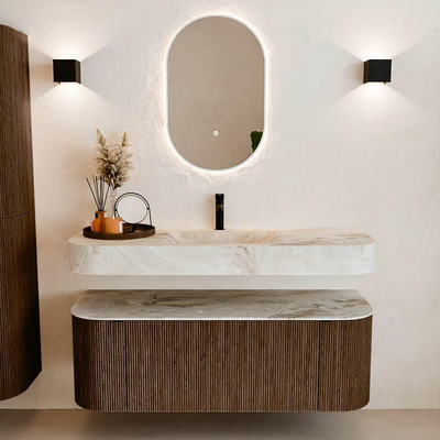 MONDIAZ THOR-DLUX 130cm badmeubel ronding links + rechts kleur Walnut met 1 lade en 2 deuren. Vrijhangende wastafel CLOUD Midden 1 kraangat kleur Frappe.