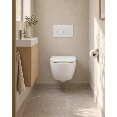 QeramiQ Dely Swirl Compact Toiletset - inbouwreservoir Geberit UP320 - met Burda frame - 25mm zitting - metalen bedieningsplaat mat wit - ronde knoppen - mat wit