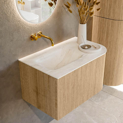 MONDIAZ KURVE-DLUX 75cm Meuble salle de bain avec module 25 D - couleur Oak - 1 tiroir - 1 porte - vasque GRUNNE gauche - sans trou de robinet - couleur Ostra