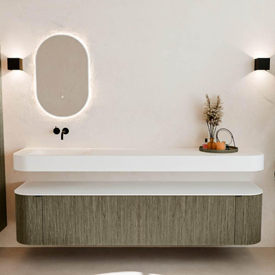 MONDIAZ THOR 200cm meuble de salle de bains arrondi gauche + droite couleur Shadow avec 2 tiroirs et 2 portes. Vasque suspendue CLOUD Gauche sans trou de robinet couleur Talc.