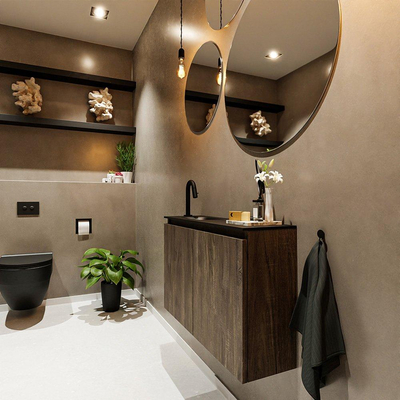 MONDIAZ TURE Fonteinset - 80x23x50cm - 1 kraangat - 2 deuren - dark brown mat - Wasbak links - Solid Surface Zwart