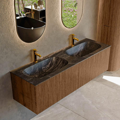 MONDIAZ KURVE-DLUX 150cm Meuble salle de bain - couleur Walnut - 2 tiroirs - vasque STOR SMALL double - 2 trous de robinet - couleur Lava