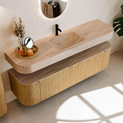 MONDIAZ THOR-DLUX 170cm badmeubel ronding links + rechts kleur Oak met 1 lade en 2 deuren. Vrijhangende wastafel CLOUD Midden 1 kraangat kleur Saba.