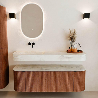 MONDIAZ THOR-DLUX 140cm meuble de salle de bains arrondi gauche + droite couleur Ruby avec 1 tiroir et 2 portes. Vasque suspendue CLOUD gauche sans trou de robinet couleur Ostra.