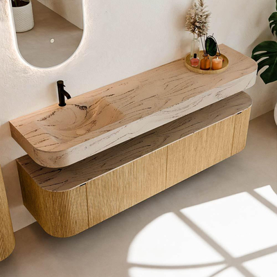 MONDIAZ THOR-DLUX Meuble de salle de bains - 180cm - arrondi gauche + droite - couleur Oak - 2 tiroirs - 2 portes - Vasque suspendue CLOUD Gauche 1 trou de robinet - couleur Arena