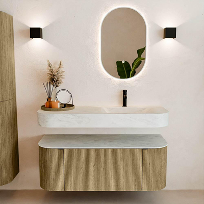 MONDIAZ THOR-DLUX 120cm meuble de salle de bains arrondi gauche + droite couleur Dusk avec 1 tiroir et 2 portes. Vasque suspendue CLOUD Droite 1 trou de robinet couleur Opalo.