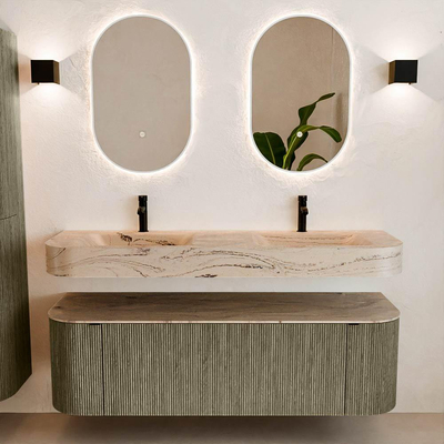 MONDIAZ THOR-DLUX 150cm meuble de salle de bains arrondi gauche + droite couleur Shadow avec 1 tiroir et 2 portes. Vasque suspendue CLOUD Double 2 trous de robinet couleur Arena.