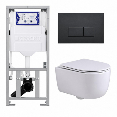 QeramiQ Dely Swirl Toiletset - 36.3x51.7cm - Geberit UP320 inbouwreservoir - met Burda frame - slimzitting - bedieningsplaat antraciet mat - rechthoekige knoppen - glans wit
