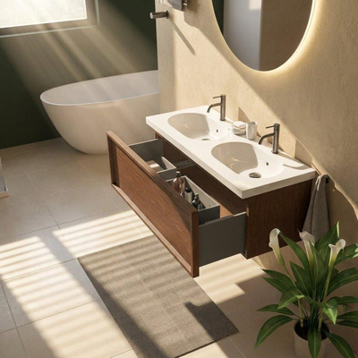 Saniclass Holz Frame Ensemble meuble de salle de bains - 120x45x43.5cm - lavabo en céramique Palermo blanc - 2 vasques - 2 trous de robinetterie - 1 tiroir - walnut pure mat (bois)