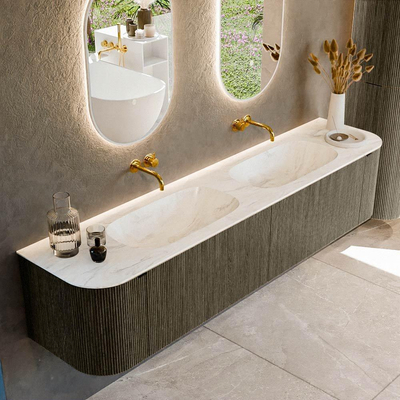Mondiaz KURVE-DLUX Ensemble de meuble de salle de bains - 200x46x40cm - 2 tiroirs - 2 portes - lavabo solid surface - double - sans trou de robinet - Shadow