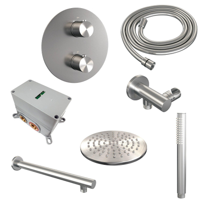 BRAUER Brushed Edition thermostatische Inbouw Regendouche - 3-weg - rond - set 73 - 20cm hoofddouche - rechte muurarm - staaf handdouche - doucheslang - wandaansluitbocht - RVS geborsteld PVD