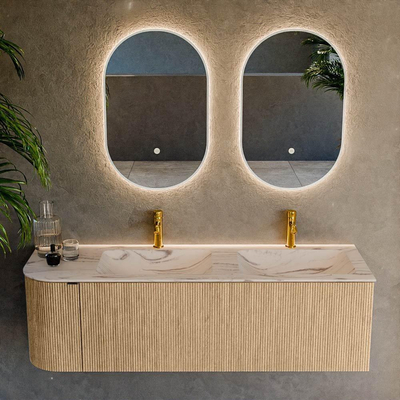 MONDIAZ KURVE-DLUX 145cm badmeubel ronding Links kleur Oak met 1 lade en 1 deur. Wastafel LEAF Dubbel / Rechts 2 kraangaten Nata.