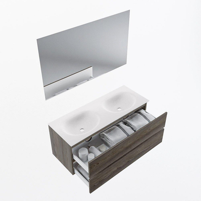 Mondiaz VICA ensemble de meuble de salle de bain - 120cm - meuble sous-vasque marron foncé gris - 2 tiroirs - lavabo lune double - sans trous de robinet - couleur talc - miroir LED - version XL 60cm de haut