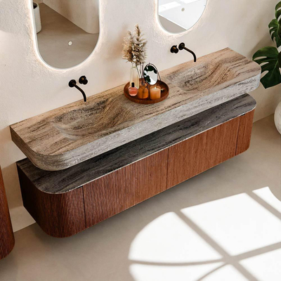 MONDIAZ THOR-DLUX 190cm meuble de salle de bains arrondi gauche + droite couleur Ruby avec 2 tiroirs et 2 portes. Vasque suspendue CLOUD Double sans trou de robinet couleur Oza.