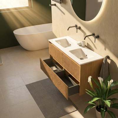 Saniclass Holz Atelier Ensemble meuble de salle de bains - 120x45x62cm - lavabo Vygo en céramique blanc - 2 vasques - sans trous de robinetterie - 2 tiroirs - chêne natural mat (bois)