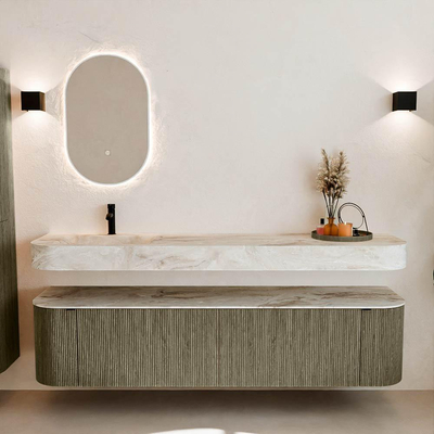 MONDIAZ THOR-DLUX Meuble de salle de bains 190cm arrondi gauche + droite couleur Shadow avec 2 tiroirs et 2 portes. Vasque suspendue CLOUD Gauche 1 trou de robinet couleur Frappe.