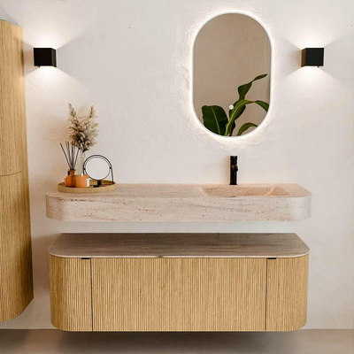 MONDIAZ THOR-DLUX 140cm badmeubel ronding links + rechts kleur Oak met 1 lade en 2 deuren. Vrijhangende wastafel CLOUD Rechts 1 kraangat kleur Saba.