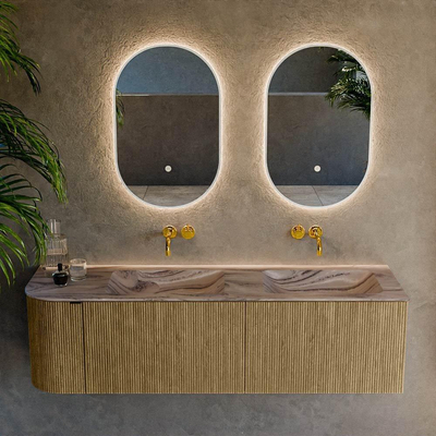MONDIAZ KURVE-DLUX Meuble de salle de bains 155cm arrondi à gauche couleur Dusk avec 2 tiroirs et 1 porte. Lavabo LEAF Double / Droite sans trou de robinet Sombra.