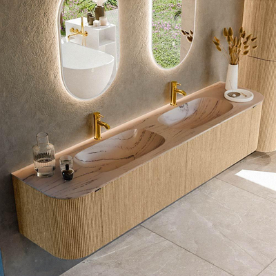 MONDIAZ KURVE-DLUX Meuble de salle de bains 200cm arrondi Gauche + Droite couleur Chêne avec 2 tiroirs et 2 portes. Lavabo STOR SMALL Double 2 trous de robinet Arena.